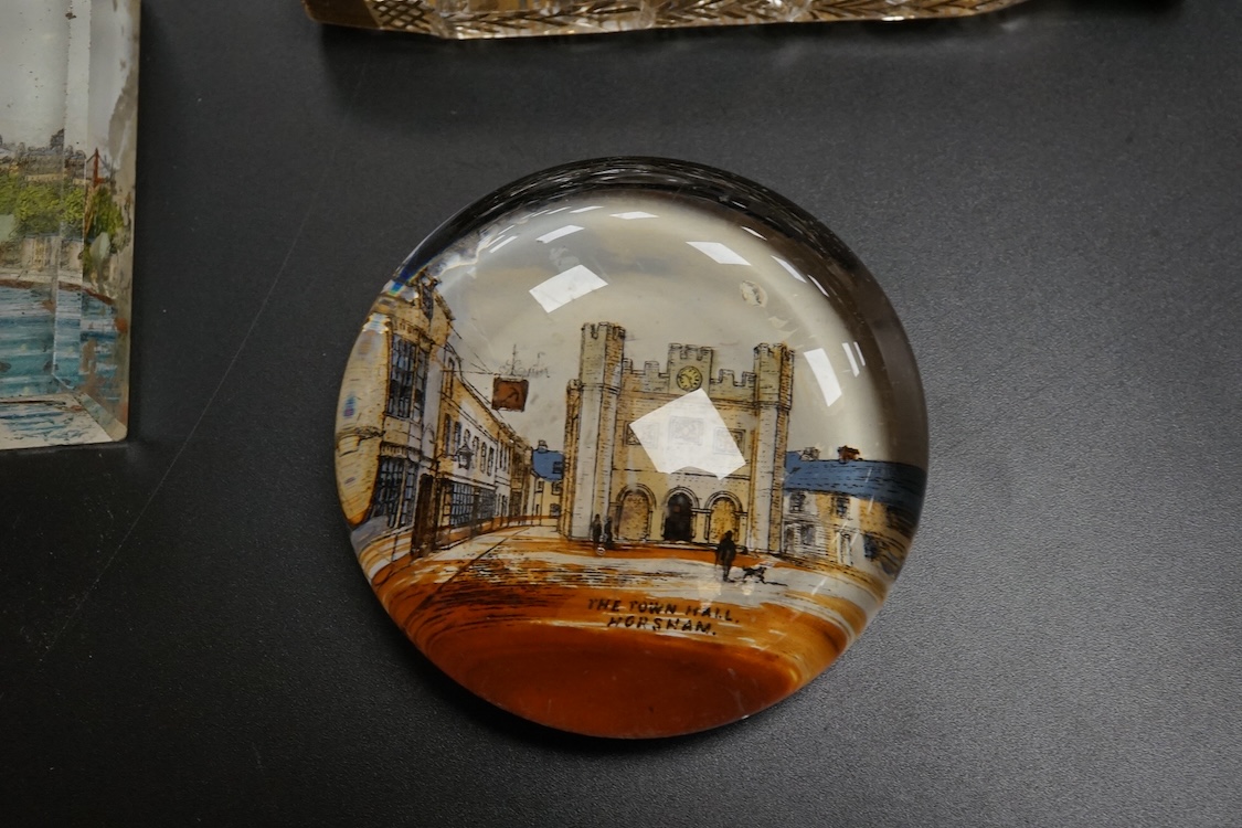 Six pictorial glass gem paperweights and three 19th century scent bottles, largest 11cm in length